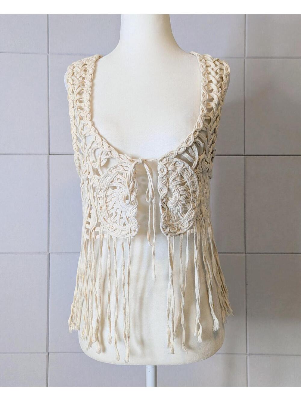 Vintage y2k cotton macrame fringe vest top - Picture 3 of 8